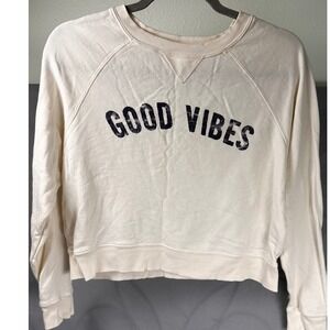 Grayson Threads Women's Large "Good Vibes" Cropped Graphic Sweatshirt Cream EUC